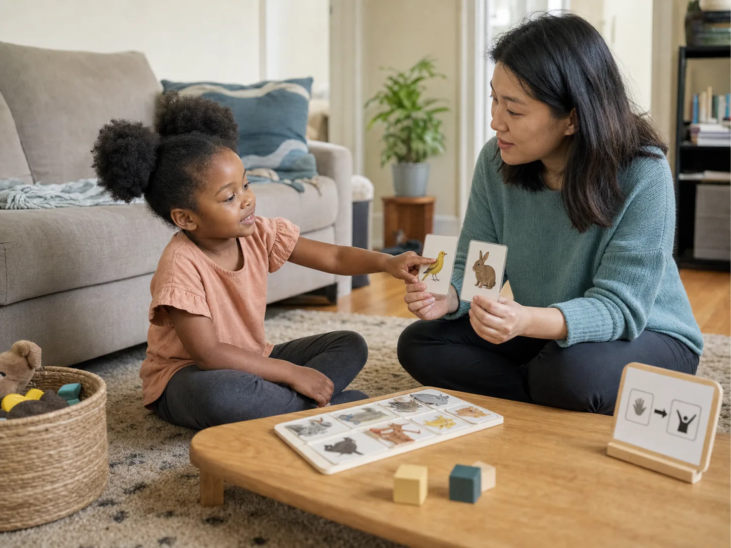 Therapist and young girl sharing a high five during an in-home ABA session