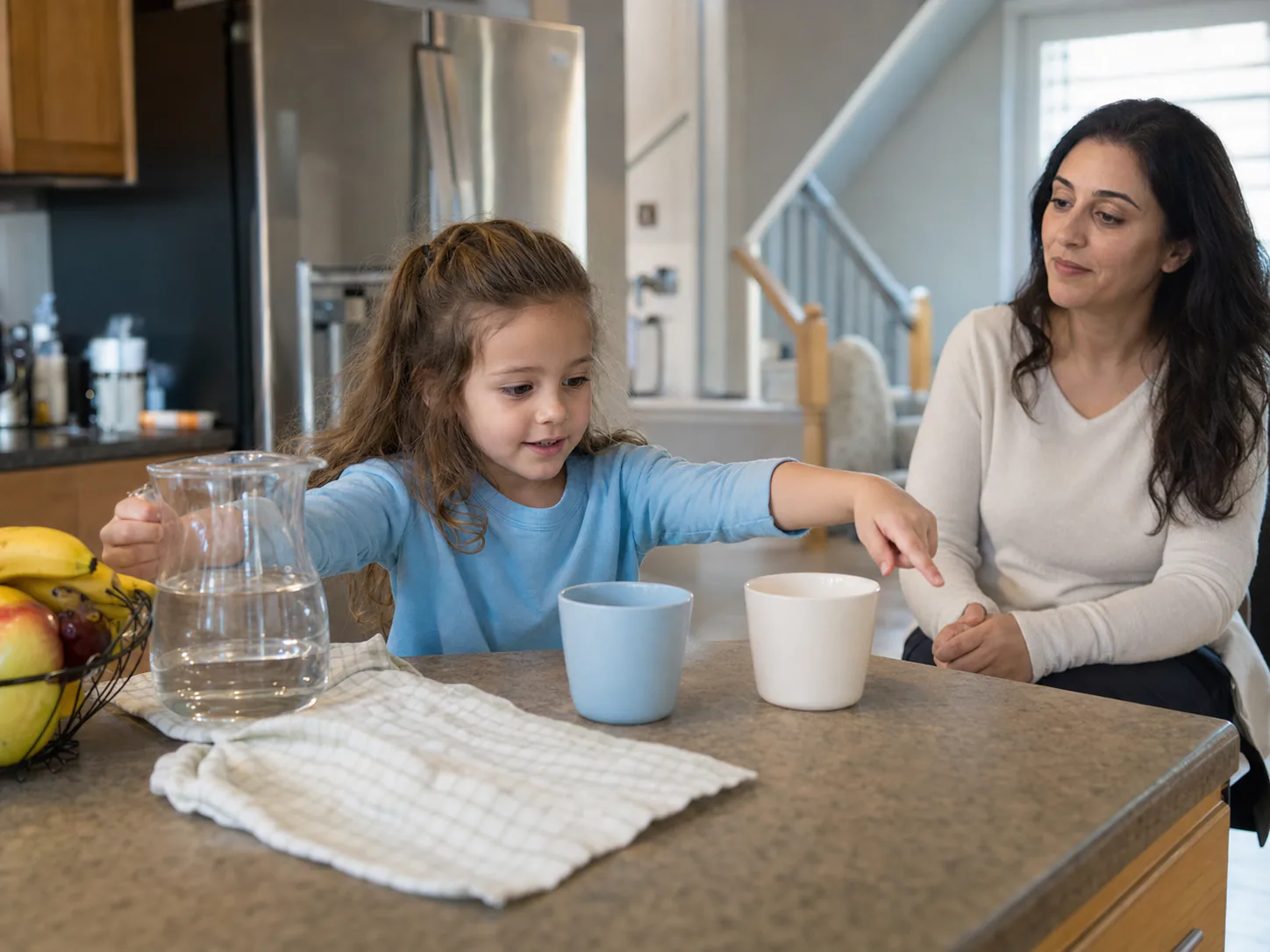 Child choosing a cup during an everyday kitchen routine with her therapist