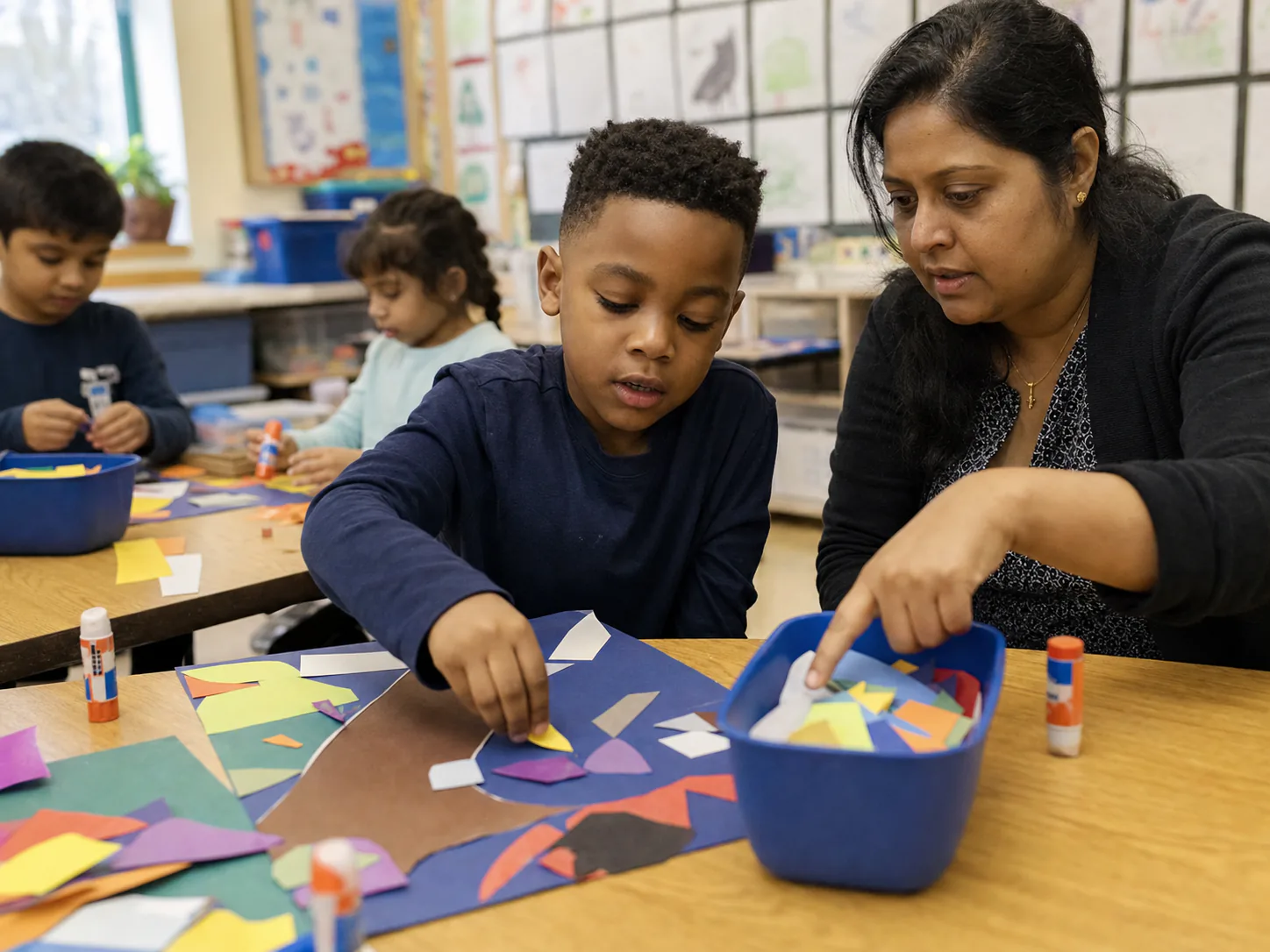 Student participating in a group art activity with discreet classroom support