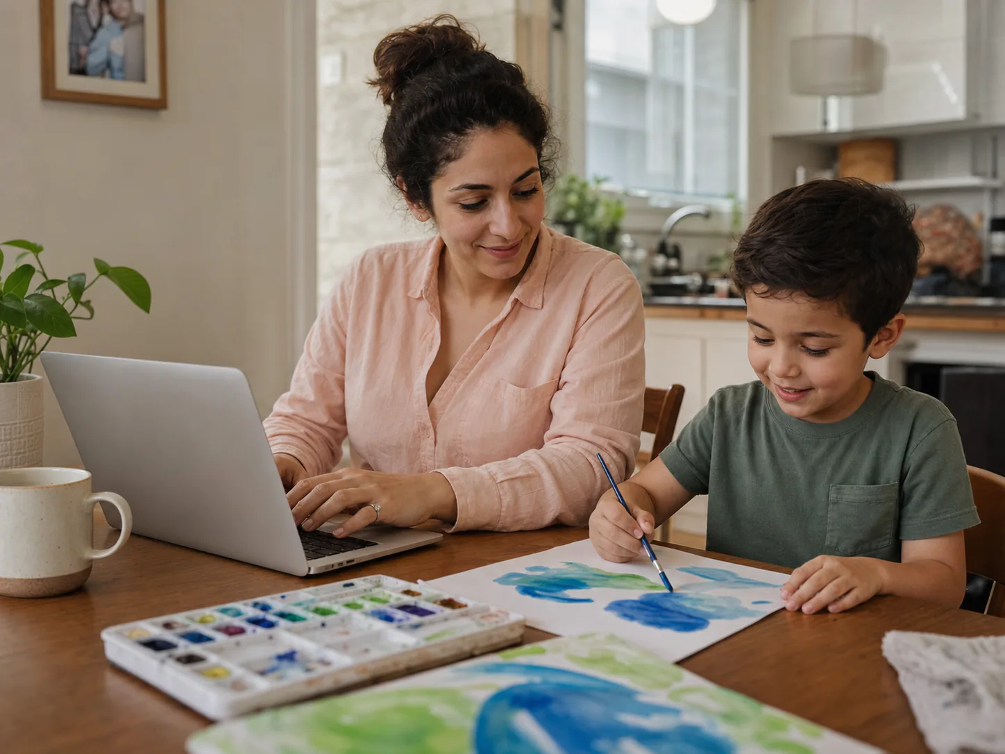 Mother beginning an online inquiry while her child paints beside her